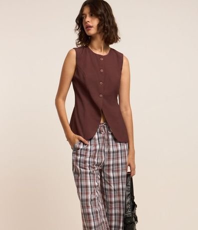 Pantalón Recto Fluída en Tricolina de Cuadros 2