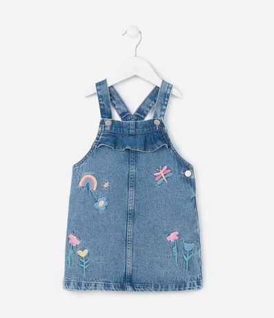 Vestido Infantil en Jeans con Bordado Arcoiris y Flores - Tam  1 a 5 años