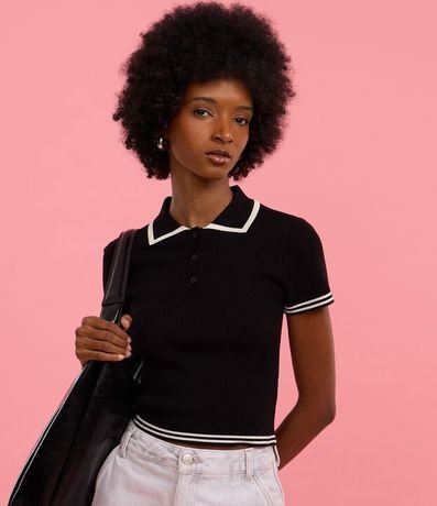 Blusa en Punto con Cuello Polo Rayas en las Mangas 4