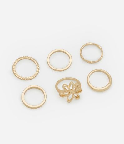 Kit 06 Anillos en Metal con Texturas y Flor Efecto Martillo