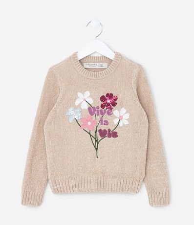 Suéter Infantil en Chenille con Bordado de Flores - Talle 5 a 14 años