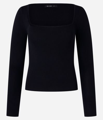 Blusa Básica Ajustada en Punto Leve con Escote Cuadrado