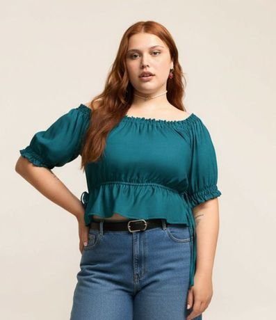 Blusa con Lino Manga Abullonada y Amarraciones Curve & Plus Size