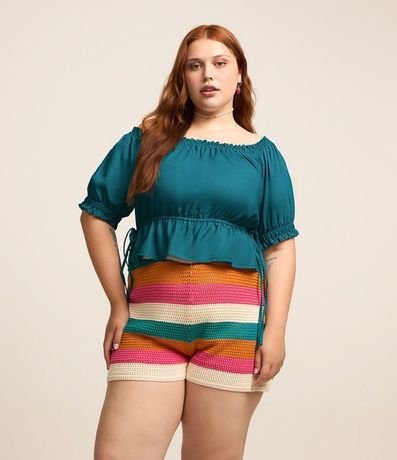 Blusa con Lino Manga Abullonada y Amarraciones Curve & Plus Size 1