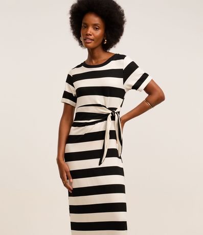 Vestido Midi en Viscosa con Estampa de Rayas y Lazo Lateral