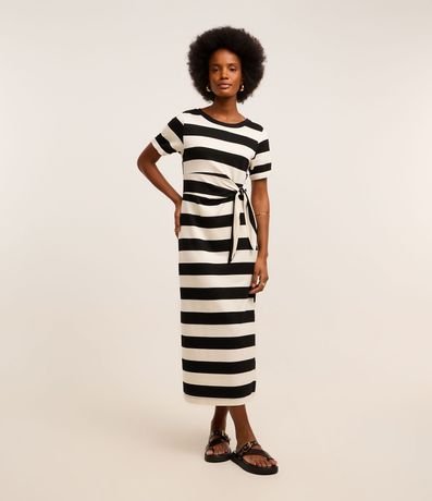 Vestido Midi en Viscosa con Estampa de Rayas y Lazo Lateral