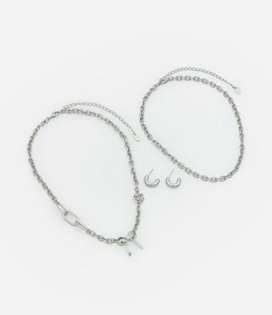 Conjunto de Collar y Caravana Metal con Shape de Cadena y Colgante lazo 2