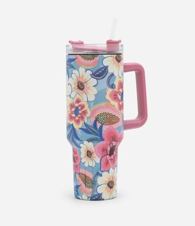 Vaso de Metal con Pajita y Estampa de Flores