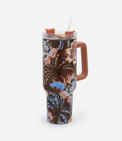 Vaso de Metal con Pajita y Estampa de Follaje