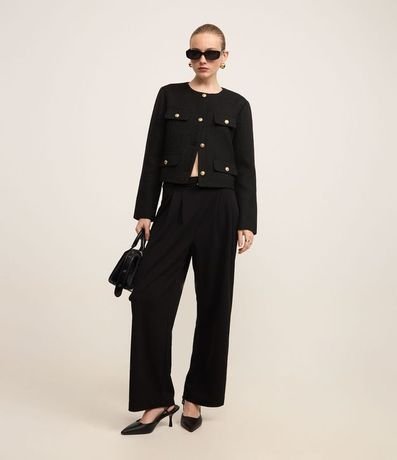 Pantalón Wide Leg Cintura Alta en Crepé con Cinturón y Pliegues