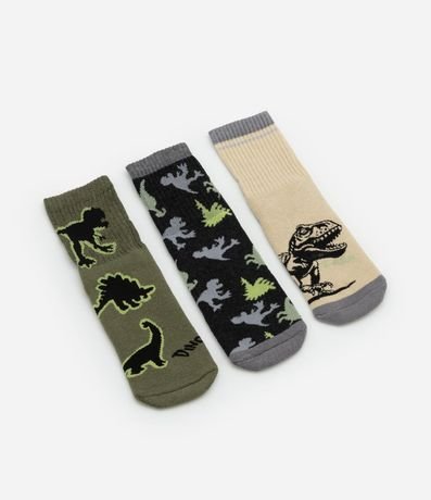 Kit 03 Medias Infantiles Atoalladas con Estampa Dinos - Talle 19 a 34