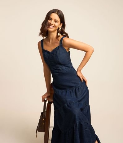 Vestido Long Midi en Jeans con Escote Corazón y Volados
