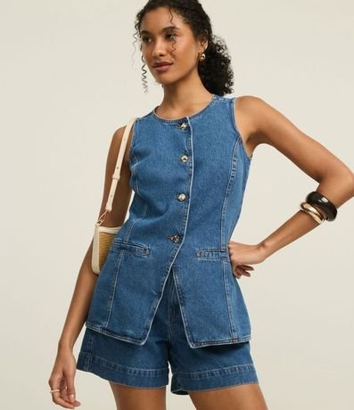 Chaleco Alargado en Jeans Cinturado con Botones