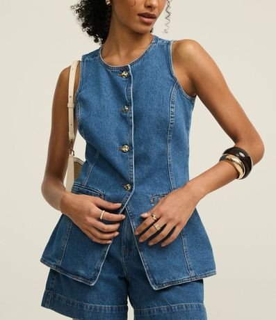 Chaleco Alargado en Jeans Cinturado con Botones 3