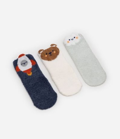 Kit 03 Medias Infantiles en Chenille Estampa de Cohete - Talle 0 a 12 meses