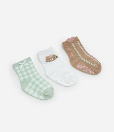 Kit 03 Medias Infantiles con Moña y Estampa Animalito - Talle RN a 12 meses