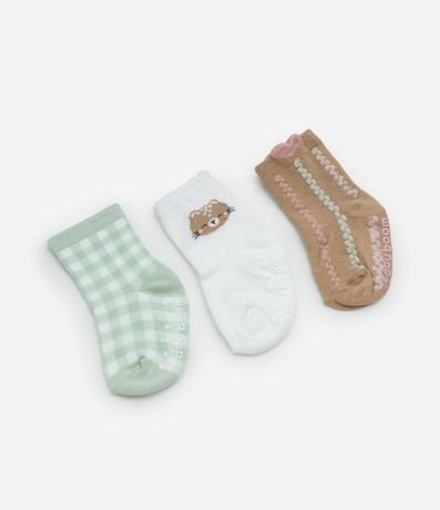 Kit 03 Medias Infantiles con Moña y Estampa Animalito - Talle RN a 12 meses 2