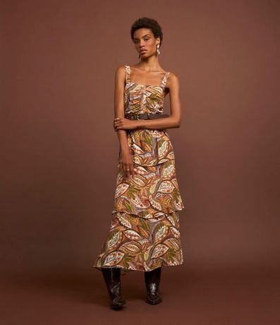 Vestido Western Evasê Midi en Viscosa con Estampa Follaje