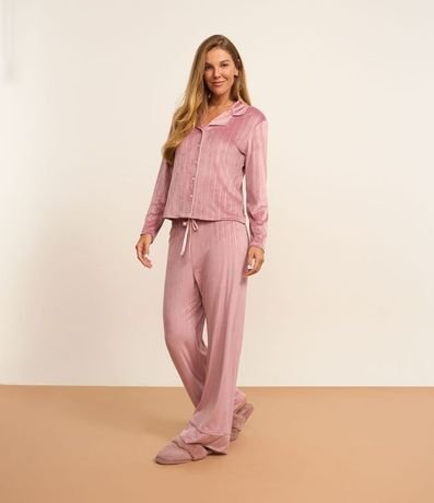 Pijama Americano Longo em Plush com Textura Listrada
