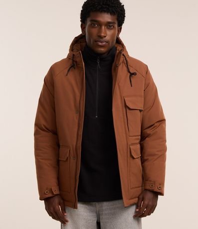 Campera Parka en Poliamida con Capucha y Bolsillos de Solapa