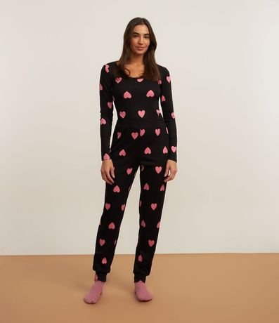 Pijama Largo en Rib con Estampa de Corazones y Botones en el Cuello