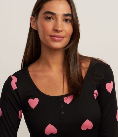 Pijama Largo en Rib con Estampa de Corazones y Botones en el Cuello 2