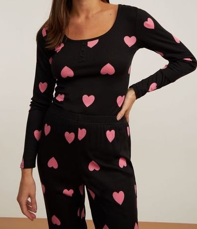Pijama Largo en Rib con Estampa de Corazones y Botones en el Cuello 3