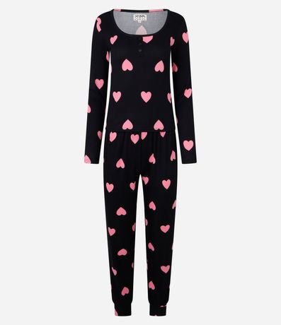 Pijama Largo en Rib con Estampa de Corazones y Botones en el Cuello 5