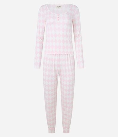 Pijama Largo en Rib con Estampa de Cuadros y Botones en el Cuello 5