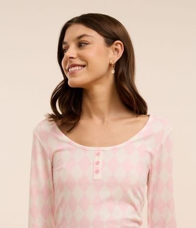 Pijama Largo en Rib con Estampa de Cuadros y Botones en el Cuello 3