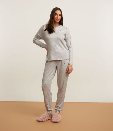 Pijama Largo en Punto con Estampa de Corazones