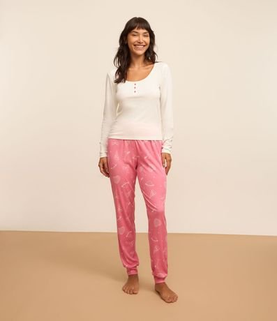Pijama Largo en Rib con Botones y Estampa Girly