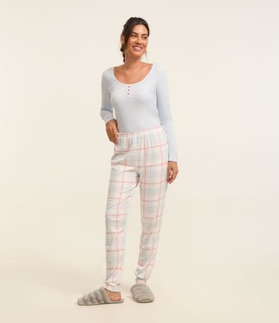 Pijama Largo en Rib con Botones y Pantalón de Cuadros