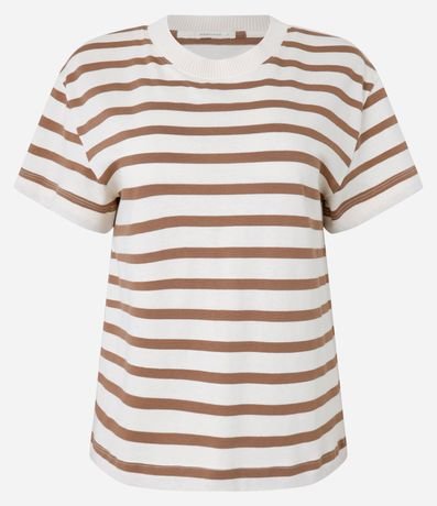 Remera Manga Corta en Algodón con Rayas Verticales y Cuello Redondo