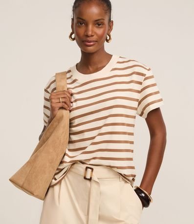 Remera Manga Corta en Algodón con Rayas Verticales y Cuello Redondo