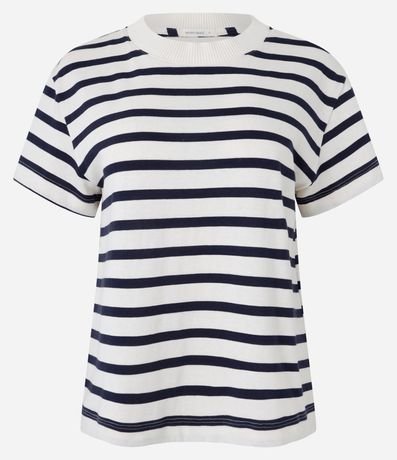 Remera Manga Corta en Algodón con Rayas Verticales y Cuello Redondo