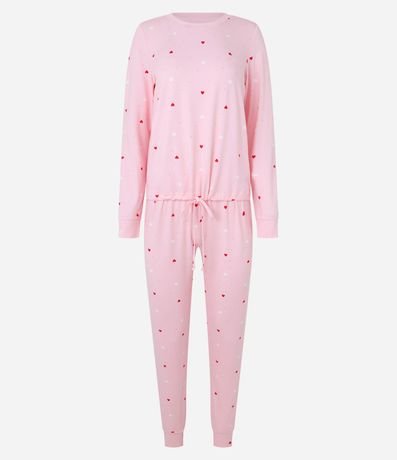 Pijama Largo en Peach Touch con Estampa de Corazoncitos