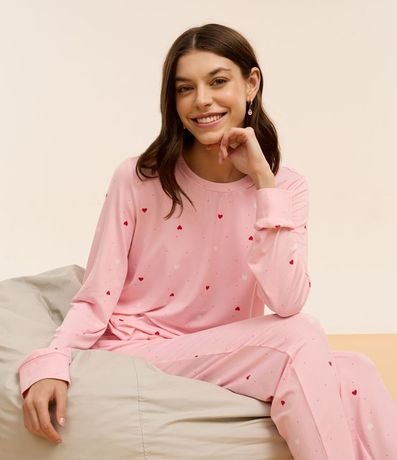 Pijama Largo en Peach Touch con Estampa de Corazoncitos