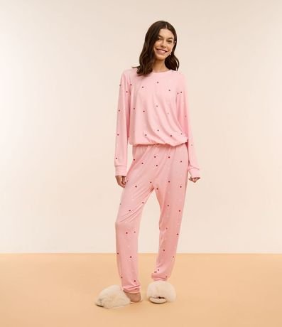 Pijama Largo en Peach Touch con Estampa de Corazoncitos 2