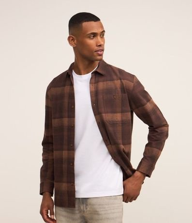 Camisa Regular en Algodón de Cuadros con Bolsillo y Manga Larga