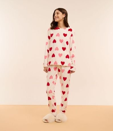Pijama Largo en Fleece Estampado de Corazón