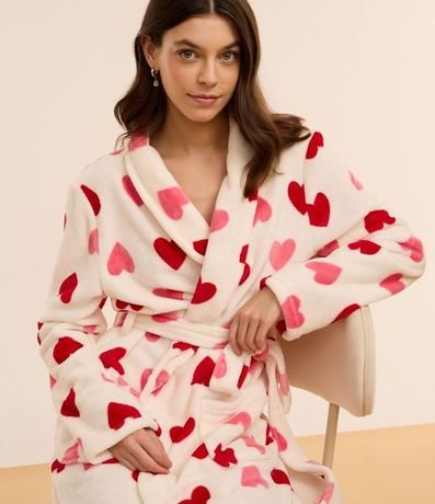 Bata de Baño Corta en Fleece con Estampa Corazón y Bolsillos