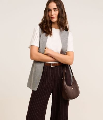 Pantalón Recto Cintura Alta en Polivelour Listrado con Pliegues 2