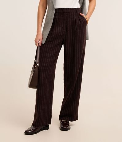 Pantalón Recto Cintura Alta en Polivelour Listrado con Pliegues 3