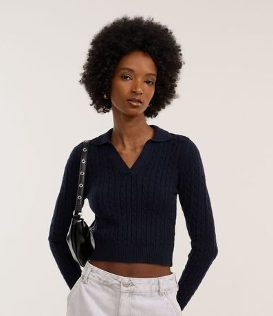 Blusa en Punto con Textura Trenzada y con Cuello Polo