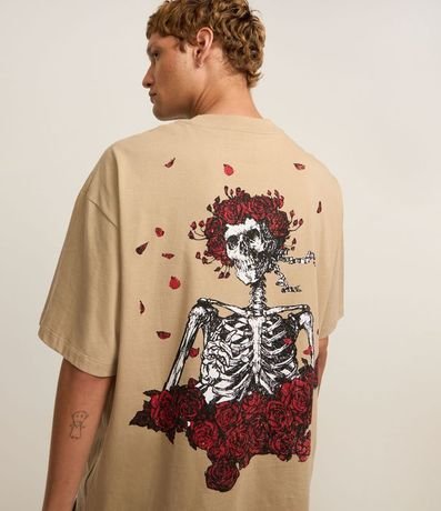 Remera Overboxy en Algodón con Estampa de Calavera con Rosas