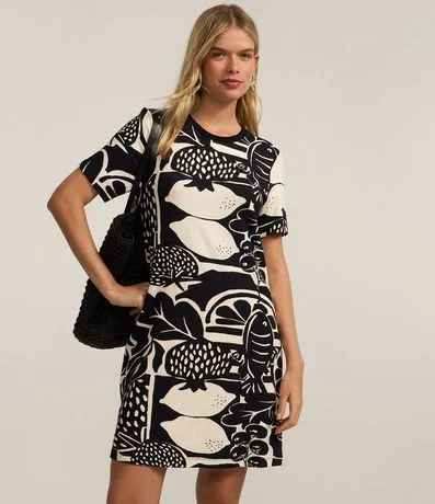 Vestido T-Shirt Corto Recto en Viscosa Estampada de Frutas