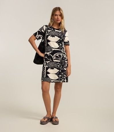 Vestido T-Shirt Corto Recto en Viscosa Estampada de Frutas 2