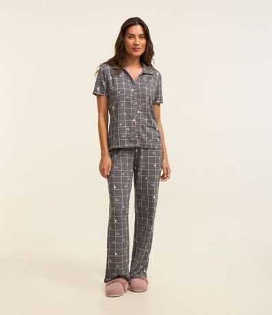 Pijama en Viscolycra con Estampa de Cuadros Grid Vino y Café