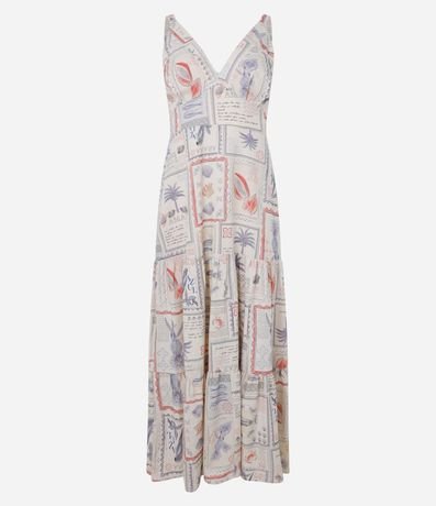Vestido Evasê Midi en Lino y Viscosa con Estampa Tarjeta Postal